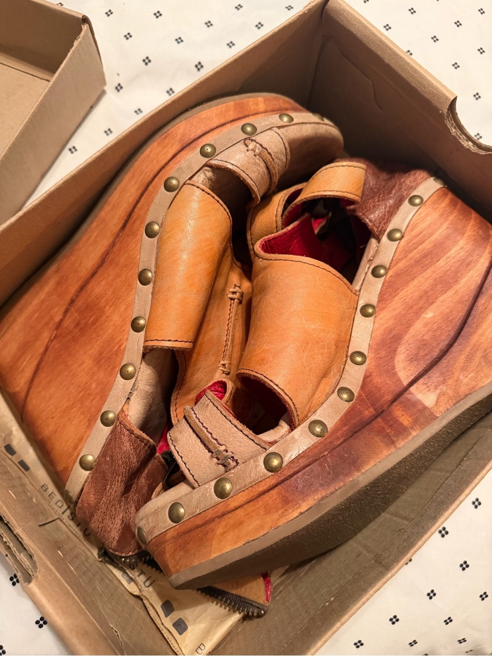 Bed Stu Tan Leather Studded Wedge Sandals